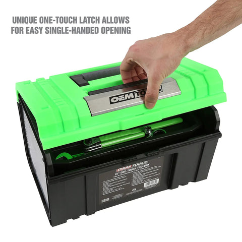 Green 15 Inch One Touch Tool Box With Tray Openable With One Hand And Padlock Security Slot Durable Tool Storage For Home Garage Or Job Site Holds Up To 30 Lbs showing easy opening latch in use