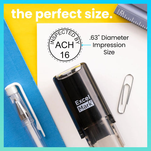 Self Inking Inspection Stamp For Quality Control And Documentation Five Eighths Inch Diameter Ideal For Office And Factory Use Three Line Print Logs Inspections Who And When Quick Visual Record next to stationery.