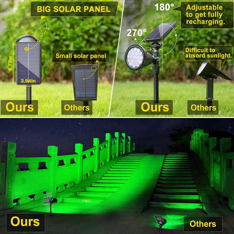 Solar Spot Lights Outdoor 2 Pack with 7 Color Modes Dope Waterproof Landscape Lights 600LM showcasing green illumination on steps.