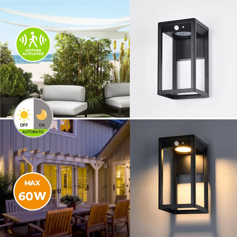 Solar Powered Motion Sensor Outdoor Wall Lights 2 Pack Dusk To Dawn 3 Modes 600 Lumens IP44 Weatherproof Aluminum Black