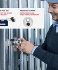 Person securing a gate with a heavy duty Diskus storage padlock, 3.16 inch wide shackle lock, weather resistant, for outdoor use
