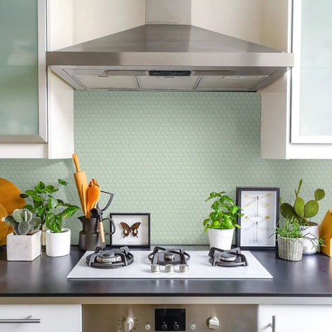 Modern kitchen backsplash with Metro Minty Hex Gloss Porcelain Tile For Floors And Walls, 1 Inch Hex, high-sheen finish.