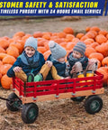Children sitting in a red wagon in a pumpkin patch, demonstrating Four Pack 10 Inch Flat Free Airless Tires With Five Eighth Inch Center Bearings For Wheelbarrows Dollies Garden Carts Hand Trucks Lawn Mowers And More Heavy Duty Solid Polyurethane Tread On Steel Hubs Fits 4.10 And 3.50 4 Wheel Size.