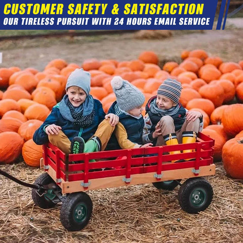 Children sitting in a red wagon in a pumpkin patch, demonstrating Four Pack 10 Inch Flat Free Airless Tires With Five Eighth Inch Center Bearings For Wheelbarrows Dollies Garden Carts Hand Trucks Lawn Mowers And More Heavy Duty Solid Polyurethane Tread On Steel Hubs Fits 4.10 And 3.50 4 Wheel Size.