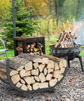 Heavy Duty 30 Inch Firewood Rack For Indoor And Outdoor Use, Rustproof Steel Log Holder next to outdoor fire pit