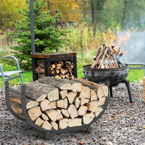 Heavy Duty 30 Inch Firewood Rack For Indoor And Outdoor Use, Rustproof Steel Log Holder next to outdoor fire pit