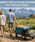 Extra Long Collapsible Wagon With Tailgate, 400 Lb Capacity, All Terrain Wheels, loaded with camping gear on mountain trail
