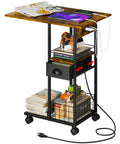 C Shaped Side Table With Charging Station And Wheels For Bedroom Living Room And Home Office Type C USB Ports And Two AC Outlets