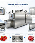 Built Tough IQF Tunnel Freezer With Integrated Conveyor Belt For Lightning Fast Blast Chilling Of Meat Seafood And Produce On Busy Production Lines control panel, insulated door, and stainless steel structure showcased.