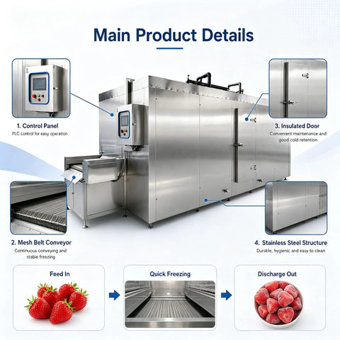Built Tough IQF Tunnel Freezer With Integrated Conveyor Belt For Lightning Fast Blast Chilling Of Meat Seafood And Produce On Busy Production Lines control panel, insulated door, and stainless steel structure showcased.