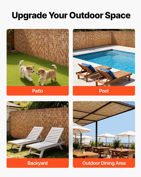 Natural Reed Fencing Roll 4 Ft By 16.4 Ft 3 Pack Outdoor Privacy Screen Panels surrounding patio, pool, backyard, dining area