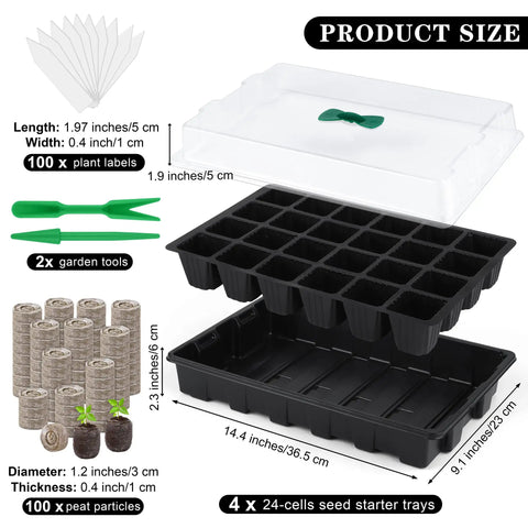 4 Pack 24 Cell Seed Starter Tray Kit With Humidity Dome And Base For Indoor Or Outdoor Plant Germination Includes Peat Pellets Plant Labels And Tools Black