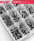 YEEZET 620-piece stainless steel nuts and bolts assortment kit in a plastic organizer, includes M4–M6 sizes.