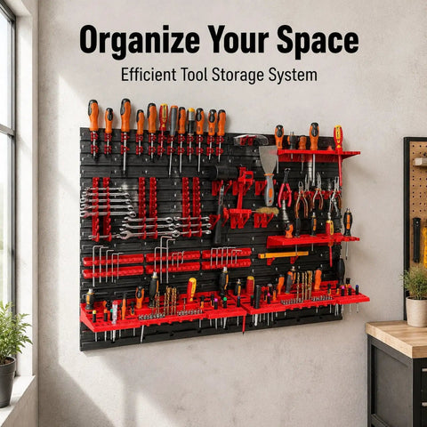 Heavy Duty Wall Mount Pegboard Organizer For Garage And Workshop Featuring Tough Pp Parts Bins Slick Steel Hooks And Knockout Build That Slap Together In Minutes Flat, displaying tools on a wall-mounted pegboard.