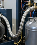 Heavy Duty Stainless Steel Air Compressor Jumper Hose One Inch By Twenty Feet with flexible BSPP swivel couplers connected to compressor.