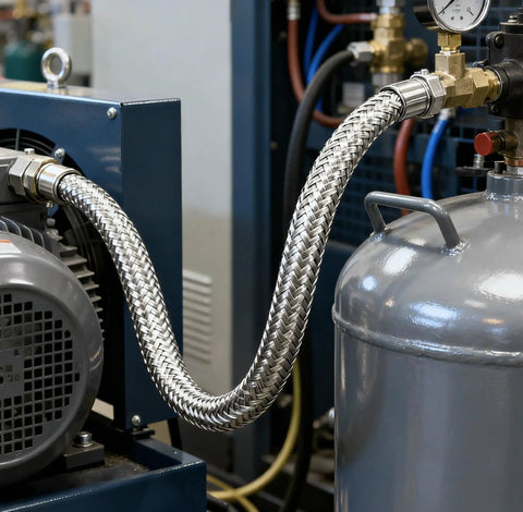 Heavy Duty Stainless Steel Air Compressor Jumper Hose One Inch By Twenty Feet with flexible BSPP swivel couplers connected to compressor.