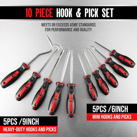 10 Piece Automotive And Electronics Pick And Hook Set, Pro Grade Tool Kit With 90 Degree Hooks, Large And Small Full Hooks