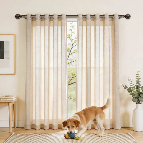 Living room with beige curtains hanging from 2 Pack Adjustable Curtain Rods 28 To 48 Inch Telescoping Drapery Rods With Netted Texture Finials In Antique Bronze For Windows 16 To 44 Inches Heavy Duty No Fuss Install