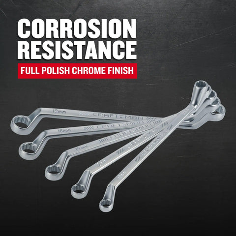 Offset Box End Wrench Set SAE 5 Piece With 45 Degree Angled Ends displayed in a fan with full polish chrome finish on dark background.