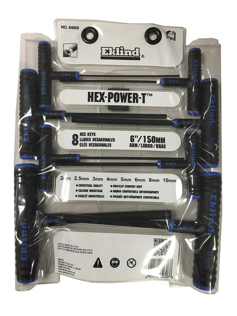 Power-T Handle Hex Key Set 8 Pc Metric Sizes 2 To 10 Mm, 6 Inch Shafts, Made In USA packaging