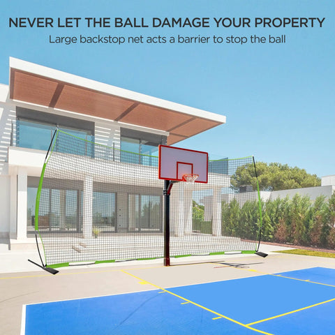 Backstop Net 20 Feet By 10 Feet For Lacrosse And Soccer Backyard Sports Barrier Netting set up behind a basketball hoop