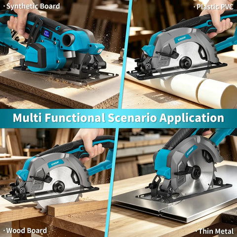 Turbo 6 Inch Cordless Circular Saw with 21V Brushless Motor That Cuts Wood and PVC like a Dream at Top Speed for various materials.