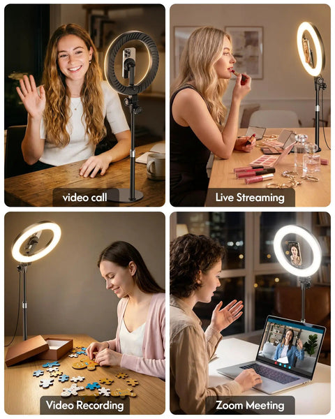 Four images of people using the 10.5 Inch Ring Light Desk Kit With Magnetic Phone Holder for video calls, live streaming, recording, and Zoom.