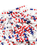 Pile of 3.25 inch wooden golf tees with stars and stripes colors, built tough for 100 count durable wood, USA pride on the course.