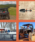 Collage of Overlanding Shovel Rack Mount Kit For Roof Racks And Trucks in use on various off-road vehicles and setups