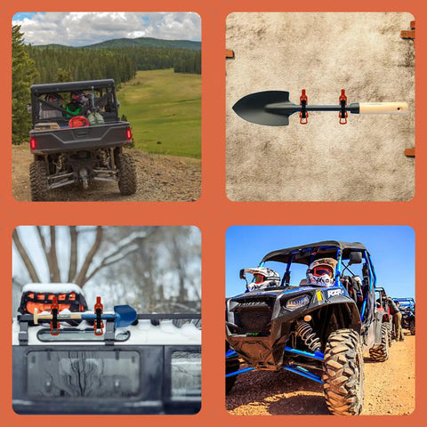 Collage of Overlanding Shovel Rack Mount Kit For Roof Racks And Trucks in use on various off-road vehicles and setups