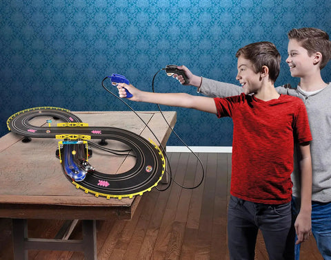 Children playing with Sonic And Shadow Race Track Set With Totally Lit Working Lights Lap Counter Figure Eight Slot Car Track