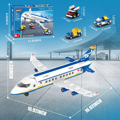 6 In 1 Airport Passenger Plane Building Set With 510 Pieces For STEM Play Including Baggage Truck Shuttle Bus Boarding Stairs And More A Dope Build Toy For Adults And Kids Ages 6 To 12 with dimensions