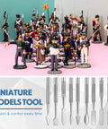 Five Piece Miniature Sculpting Tools Set with stainless steel double-headed craft tools shown beside painted model figures for tabletop games.