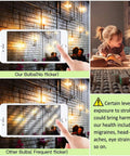 Comparison of Dimmable T10 Vintage LED Bulbs 2700K Warm White E26 6W in use showing no flicker vs other bulbs causing flicker.