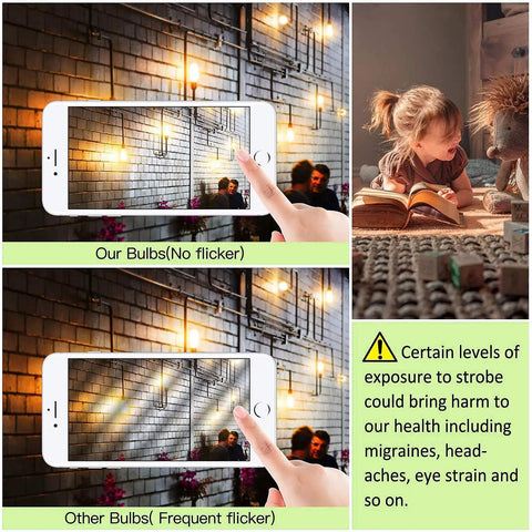 Comparison of Dimmable T10 Vintage LED Bulbs 2700K Warm White E26 6W in use showing no flicker vs other bulbs causing flicker.
