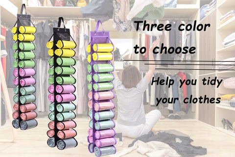 Leggings Storage Roller Organizer With 24 Clear Compartments showcasing three color options in a closet setting