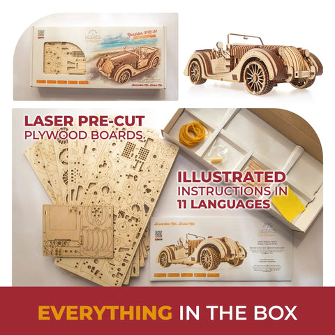 Roadster VM-01 3D Wooden Puzzle Kit For Gearheads Realistic Moving Parts Handcrafted Mechanical Model Car Build Your Own Wooden Ride Fun Challenge For Adults And Teens, laser-cut plywood parts