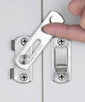 4 Pack Brushed Nickel Stainless Steel Barn Door Latches 2.75 x 2.02 Inches shown in use on cabinet