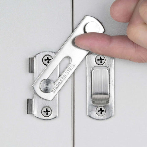 4 Pack Brushed Nickel Stainless Steel Barn Door Latches 2.75 x 2.02 Inches shown in use on cabinet