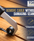 Reefing Hook For Boat Caulk Removal with slim 0.1 inch blade removing caulk from wood seam, highlighting precision sealant removal.