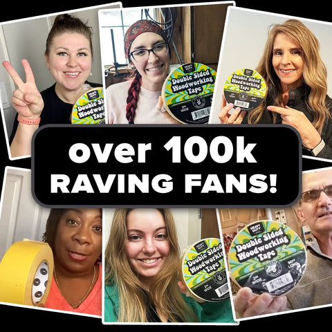 Collage of people holding Heavy Duty Double Sided Woodworking Tape 1 Inch Wide 60 Feet Per Roll 180 Feet Total Silicone Based Adhesive