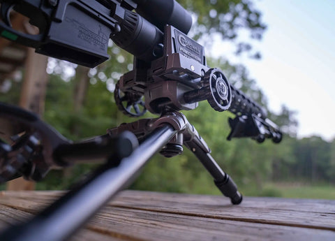 Beefed Up Ambidextrous Turret Rest With Adjustable Swivel, Detachable Magazine Rest, And Pistol Grip Attachment For Rifles in close-up.