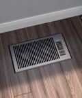 Register Booster Fan For 4x10 Vents With Thermostat Control And Bluetooth App installed in wooden floor vent opening