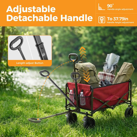 Collapsible Wagon Cart 102L 330 Lb Capacity Heavy Duty Portable Pull Cart with lockable wheels, adjustable handle, red on grass