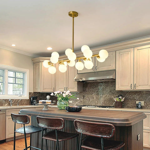 Mid Century Modern Sputnik Chandelier With 16 Lights Brushed Brass Arms And Frosted Milk Glass Shades For Kitchen Or Dining Room view above kitchen island.