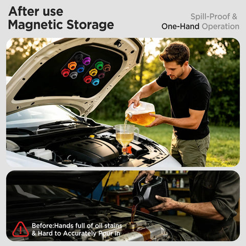 Universal Spill Proof Engine Oil Funnel Kit with Flow Control Valve in use on car engine with magnetic storage for adapters.