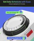 Close-up of mechanical timer on 8 Outlet Surge Protector With Mechanical Timer And 4 Timed And 4 Always On Outlets, ETL Listed, 1875W Power Strip