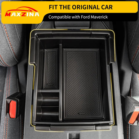 Ford Maverick Center Console Organizer Tray With Silicone Pad in ABS plastic, upper and lower compartments, custom fit for 2022-2026 models