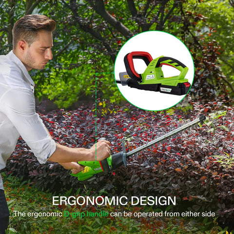 Man using 20 Inch Cordless Hedge Trimmer With 20V Power, Dual Action Laser Blade Delivers 1400 RPM, cutting bushes.