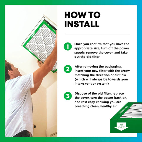 Person installing 20x24x1 MERV 8 Pleated Air Filter With Electrostatic Dust And Allergy Defense 4 Pack For Your HVAC System.